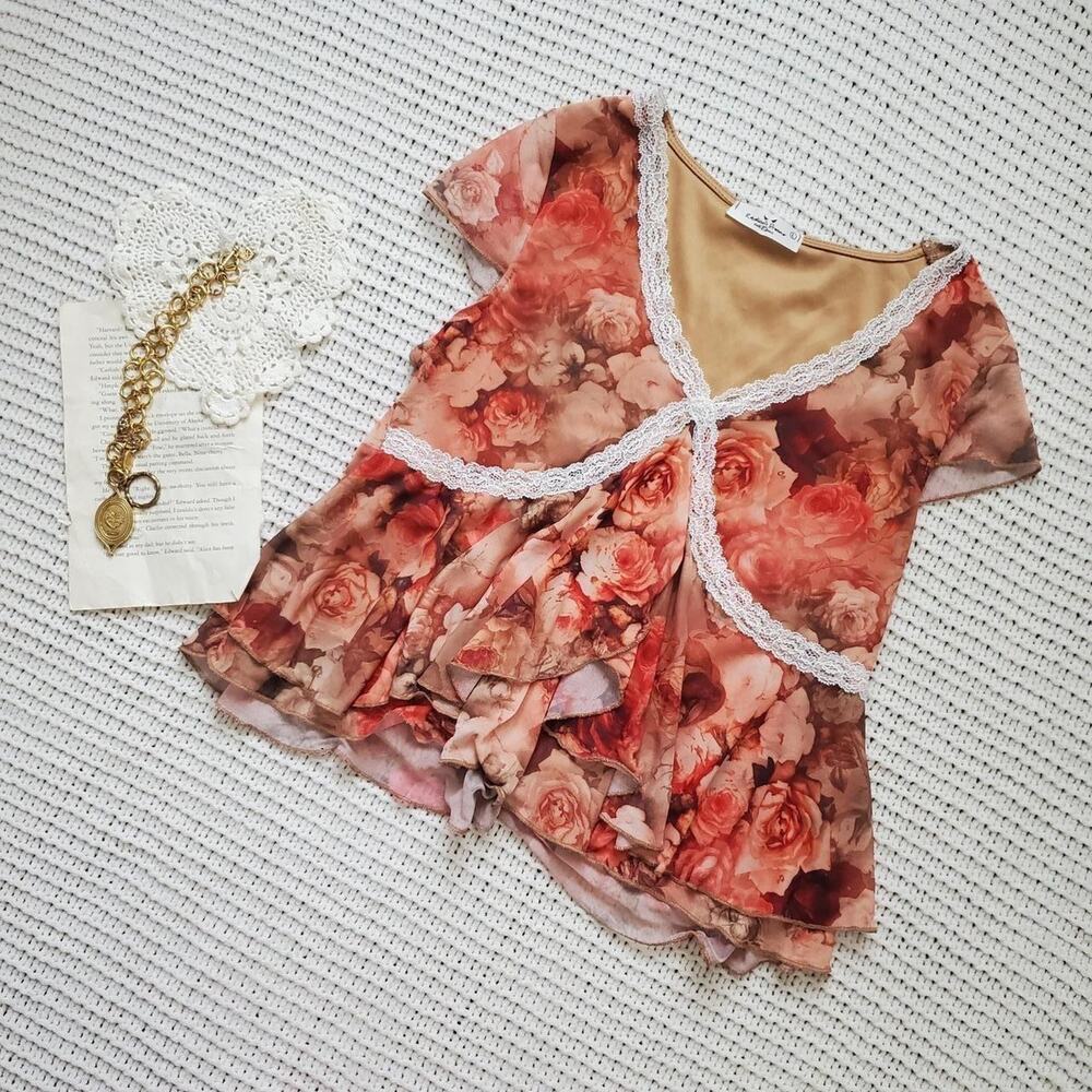 Floral fairy style layered micromesh top with lace details